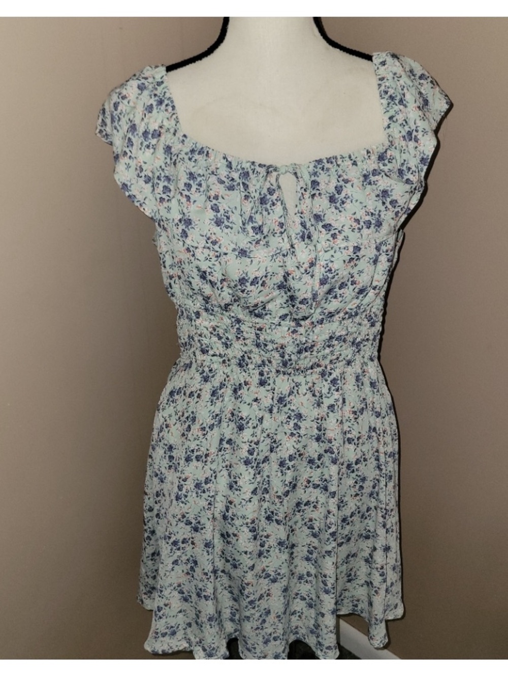 Heyson Blue Floral Sage Green Smocked Waist Cap Sleeve Dress Sz L NWT
